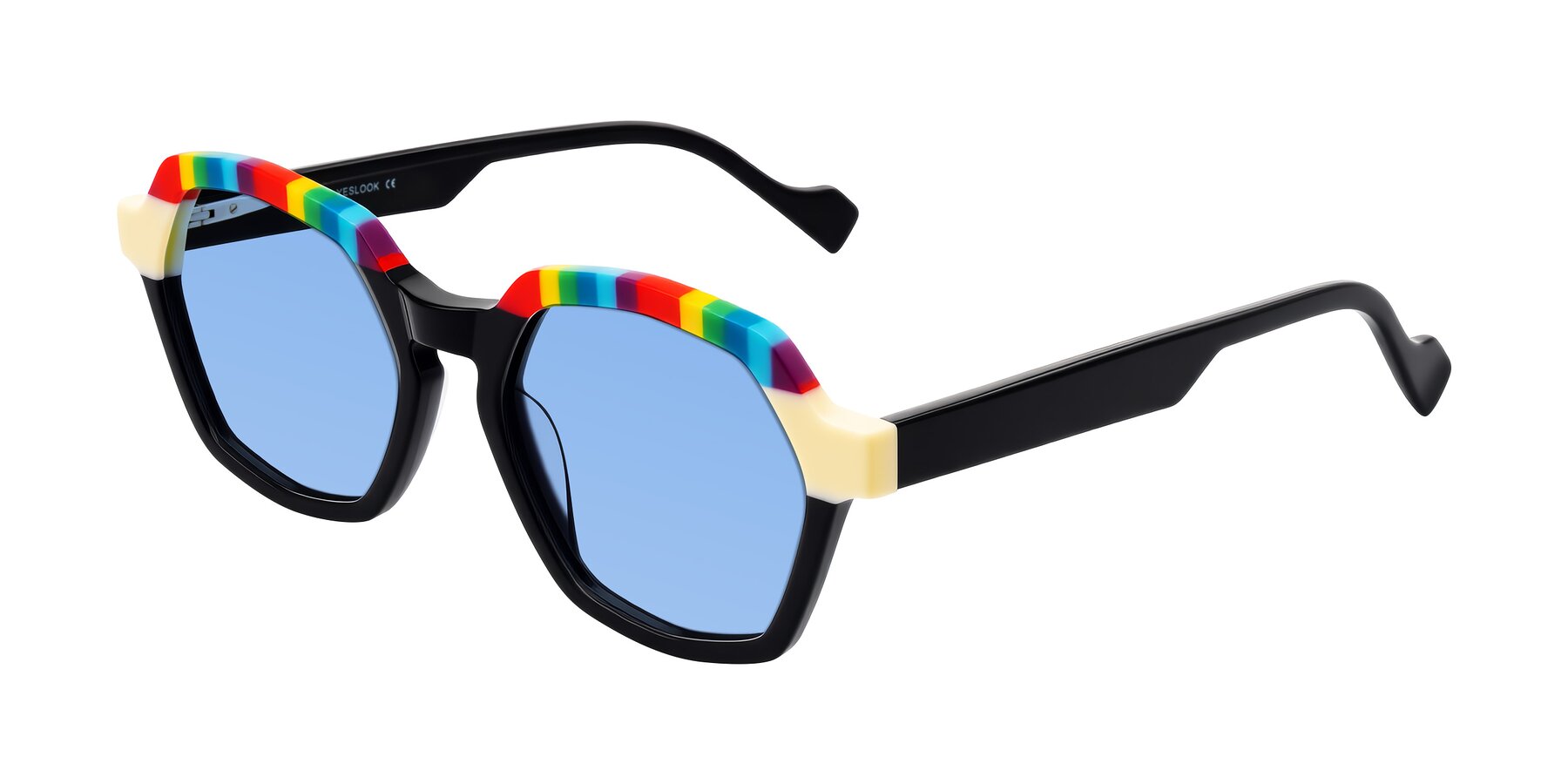 Angle of Ralyn in Rainbow Noir with Medium Blue Tinted Lenses