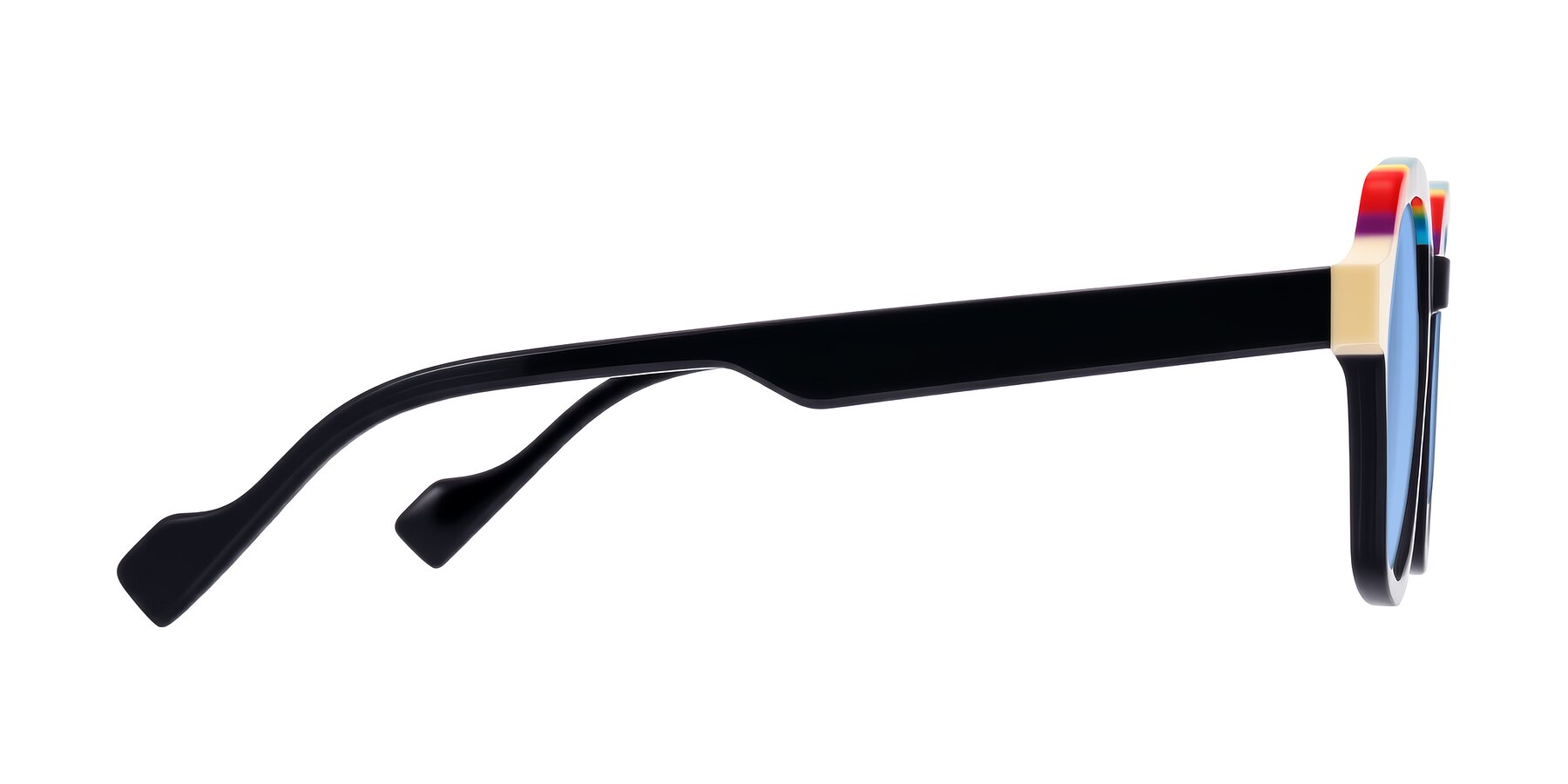 Side of Ralyn in Rainbow Noir with Medium Blue Tinted Lenses