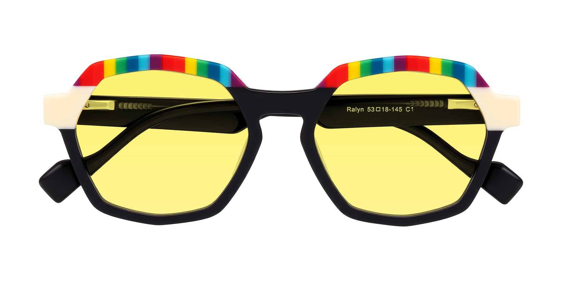 Folded Front of Ralyn in Rainbow Noir with Medium Yellow Tinted Lenses