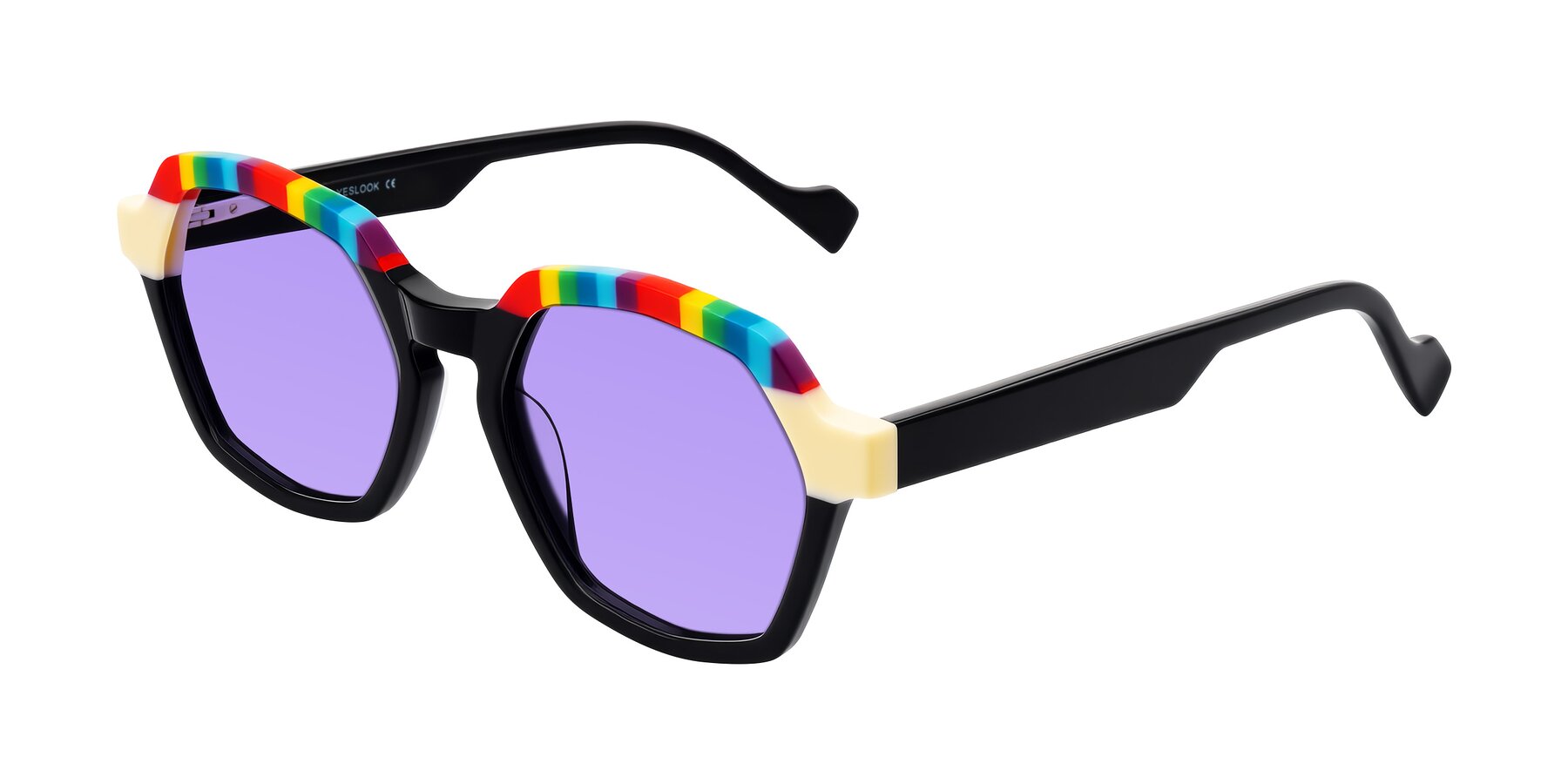 Angle of Ralyn in Rainbow Noir with Medium Purple Tinted Lenses