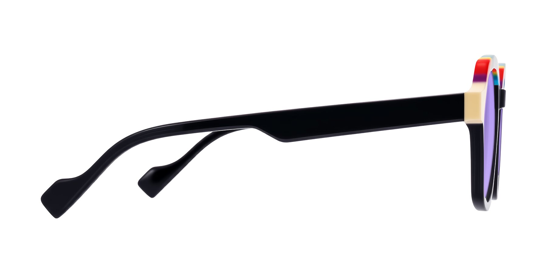 Side of Ralyn in Rainbow Noir with Medium Purple Tinted Lenses