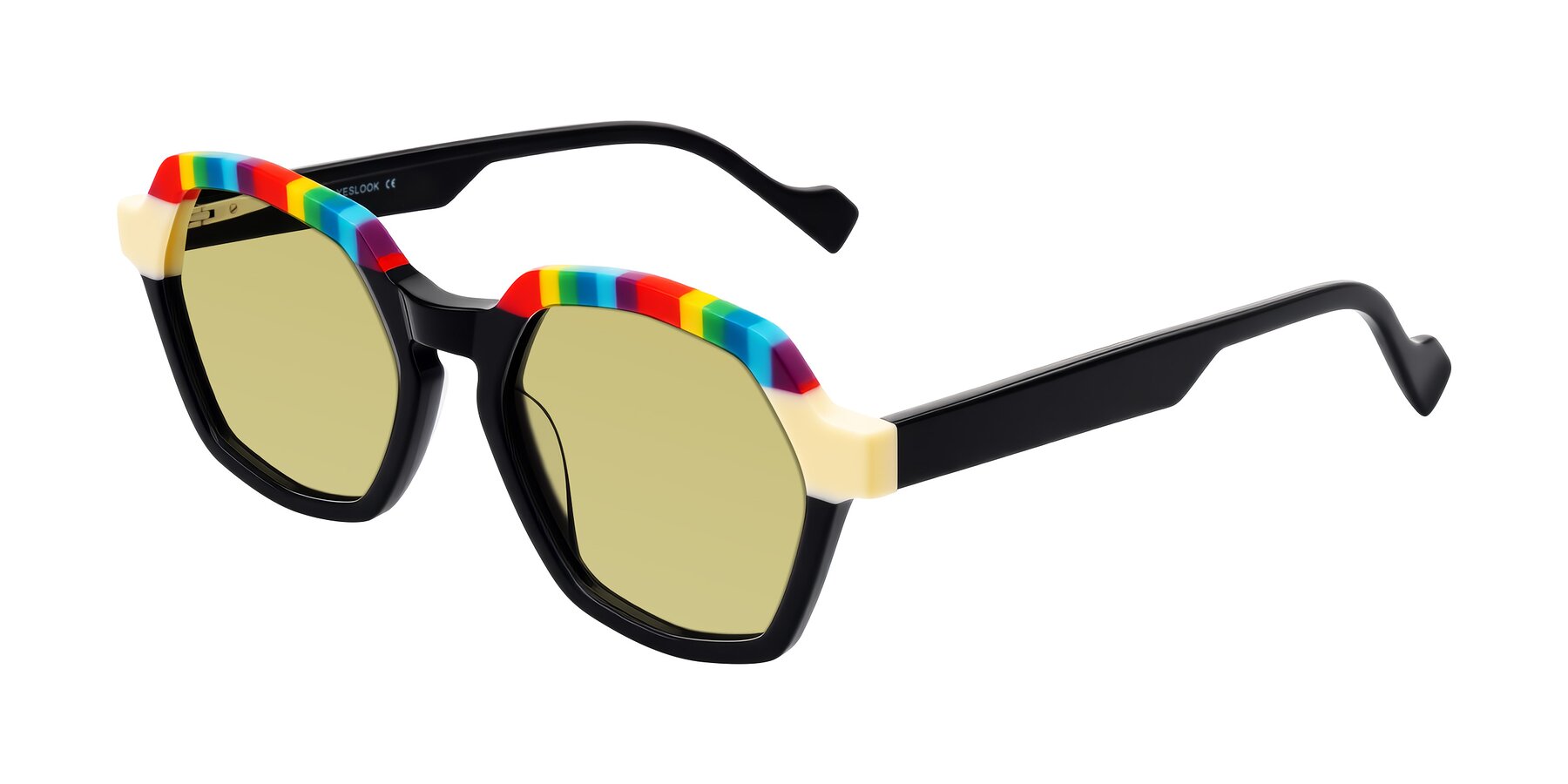 Angle of Ralyn in Rainbow Noir with Medium Champagne Tinted Lenses