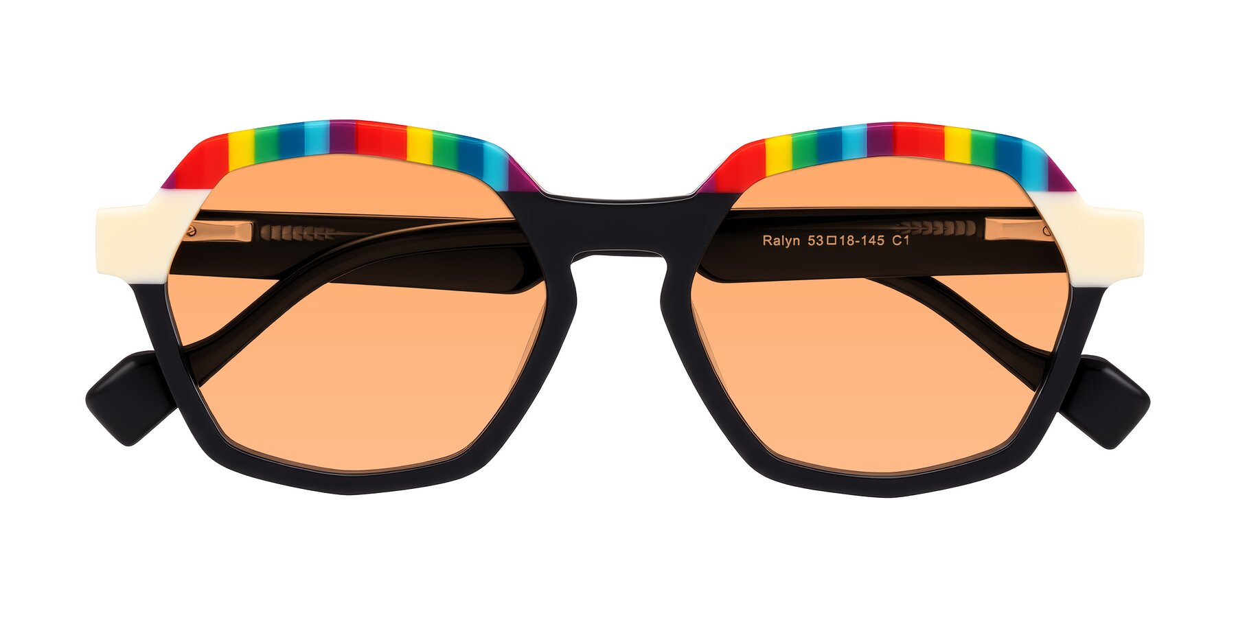 Folded Front of Ralyn in Rainbow Noir with Medium Orange Tinted Lenses