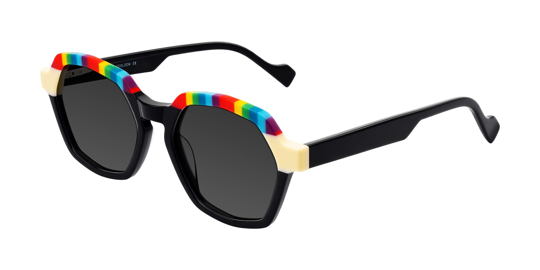 Angle of Ralyn in Rainbow Noir with Gray Tinted Lenses
