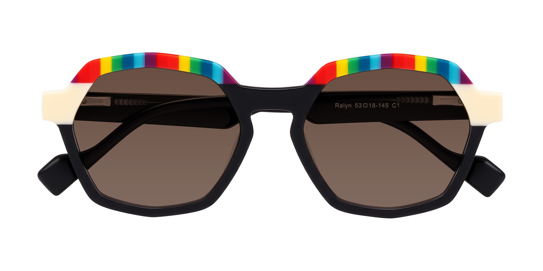 Folded Front of Ralyn in Rainbow Noir with Brown Tinted Lenses