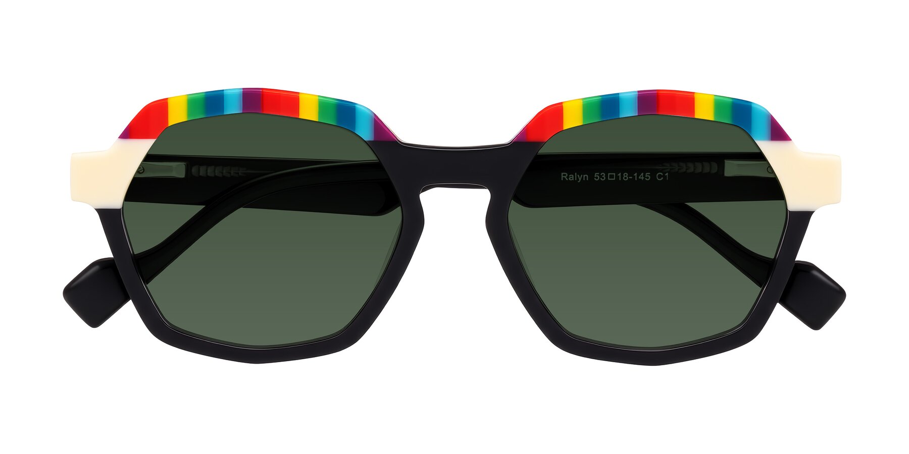 Folded Front of Ralyn in Rainbow Noir with Green Tinted Lenses