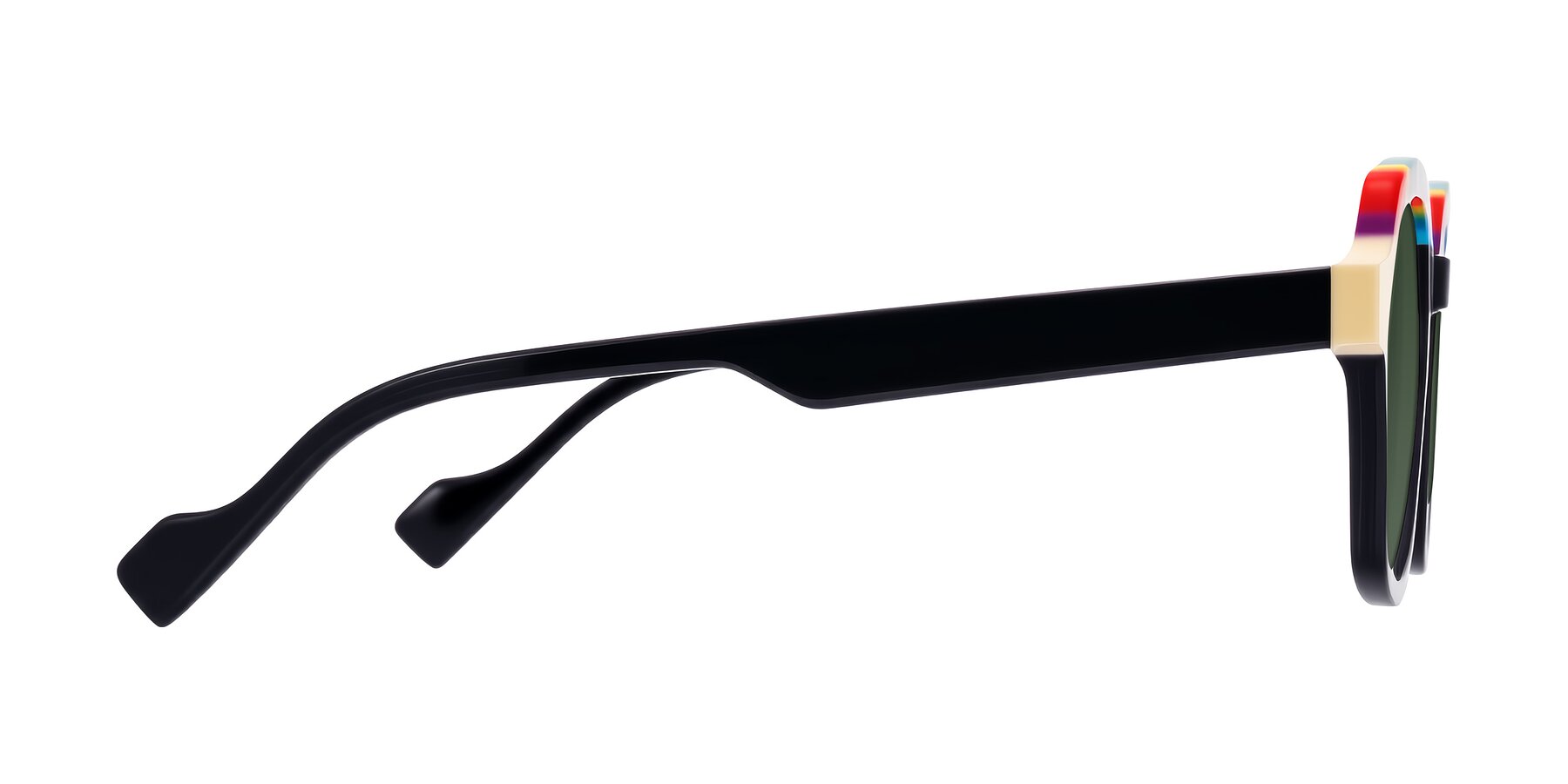 Side of Ralyn in Rainbow Noir with Green Tinted Lenses