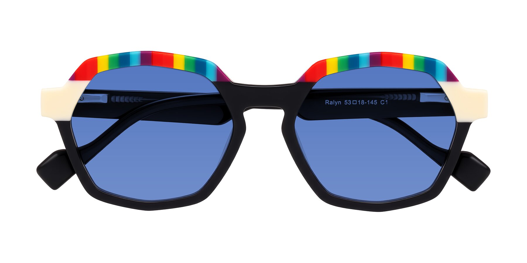 Folded Front of Ralyn in Rainbow Noir with Blue Tinted Lenses