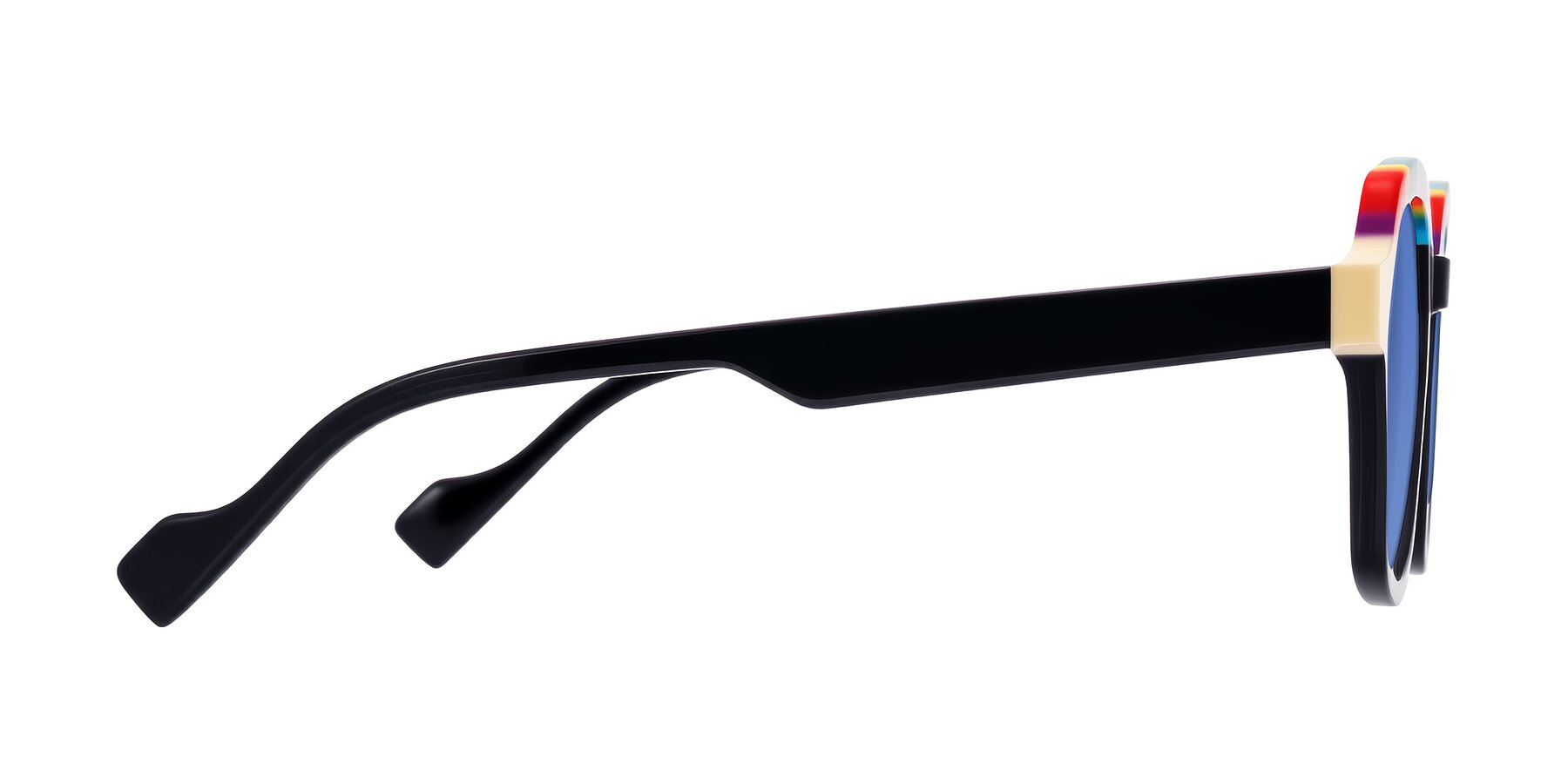 Side of Ralyn in Rainbow Noir with Blue Tinted Lenses