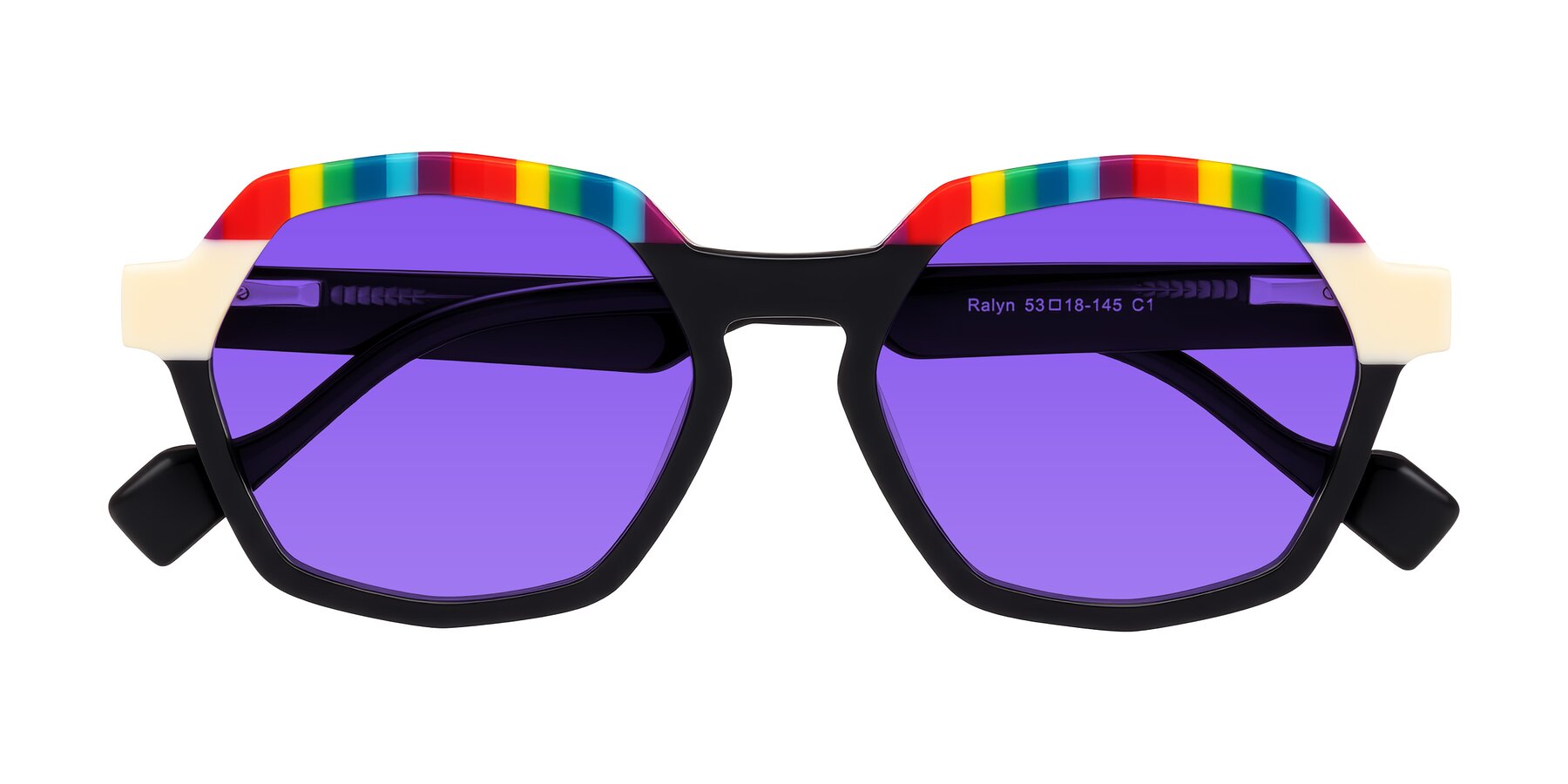 Folded Front of Ralyn in Rainbow Noir with Purple Tinted Lenses