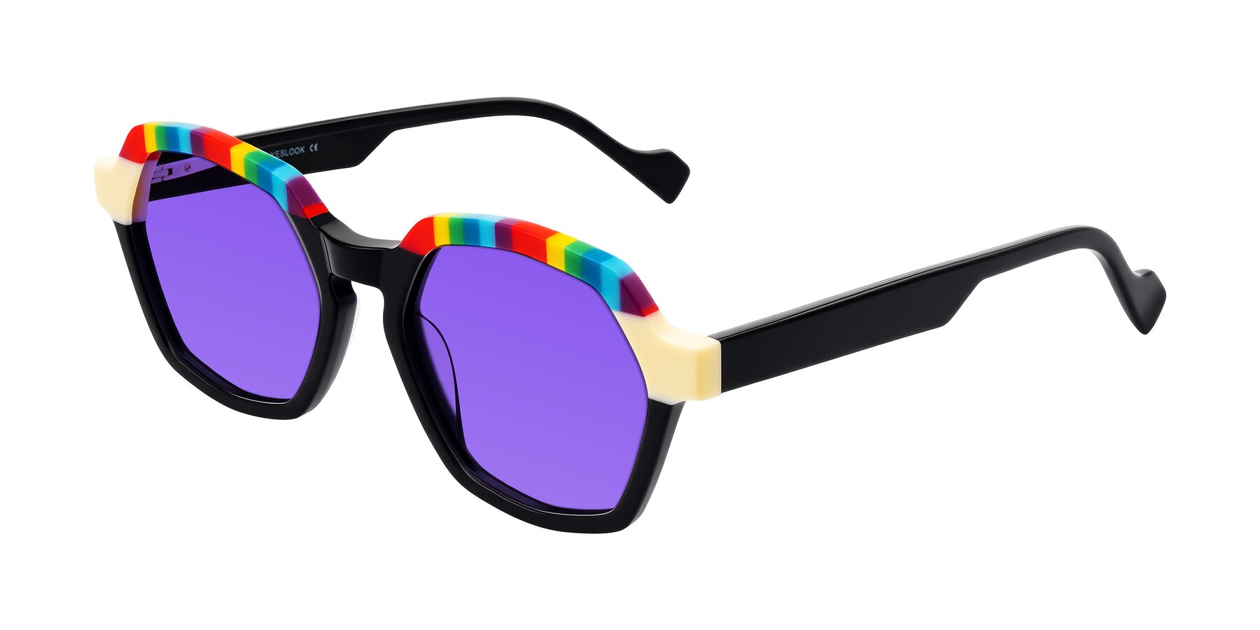 Angle of Ralyn in Rainbow Noir with Purple Tinted Lenses