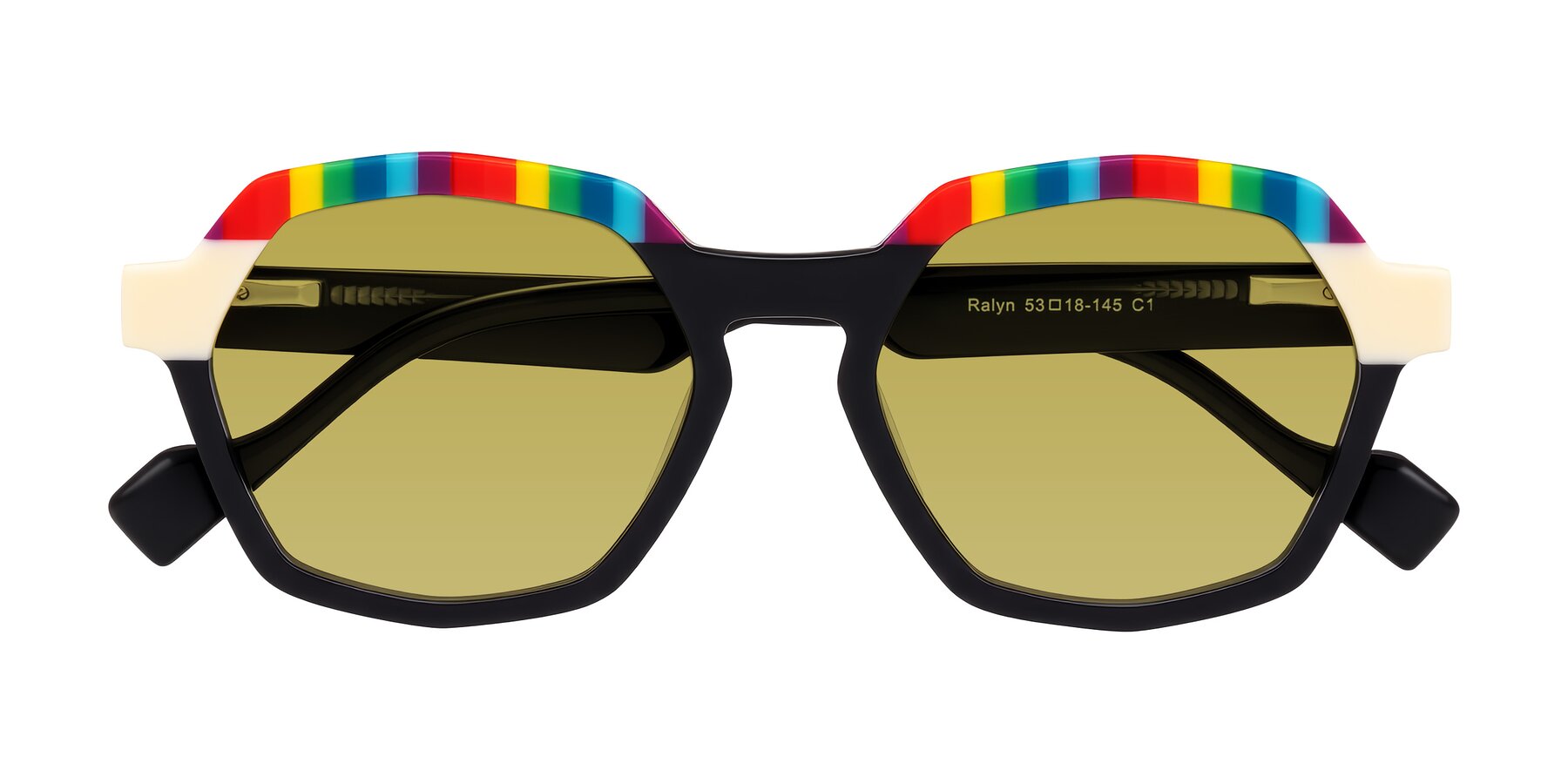 Folded Front of Ralyn in Rainbow Noir with Champagne Tinted Lenses
