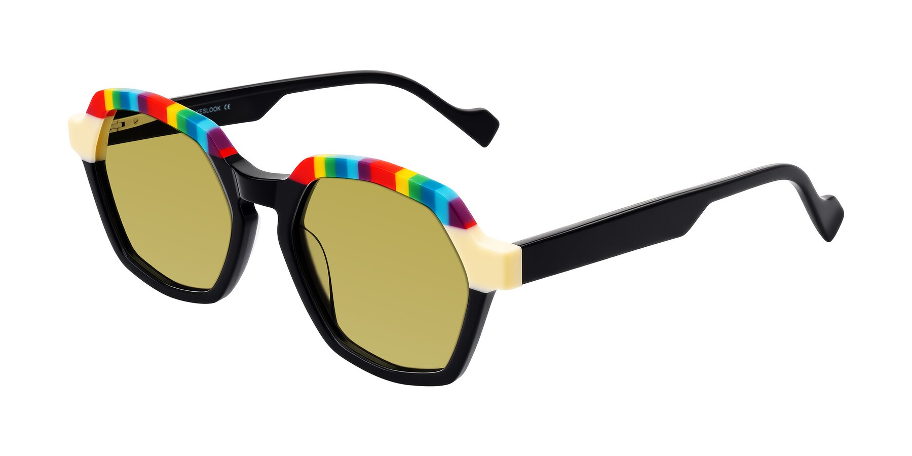 Angle of Ralyn in Rainbow Noir with Champagne Tinted Lenses