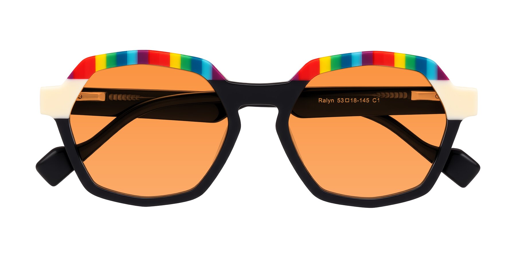 Folded Front of Ralyn in Rainbow Noir with Orange Tinted Lenses