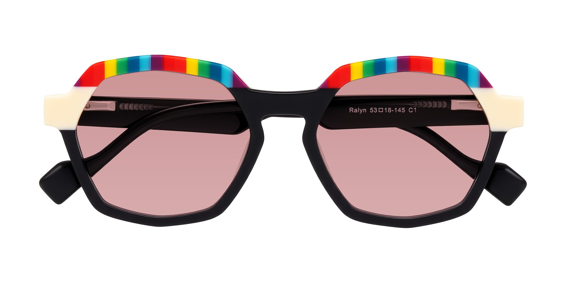Folded Front of Ralyn in Rainbow Noir with Medium Garnet Tinted Lenses