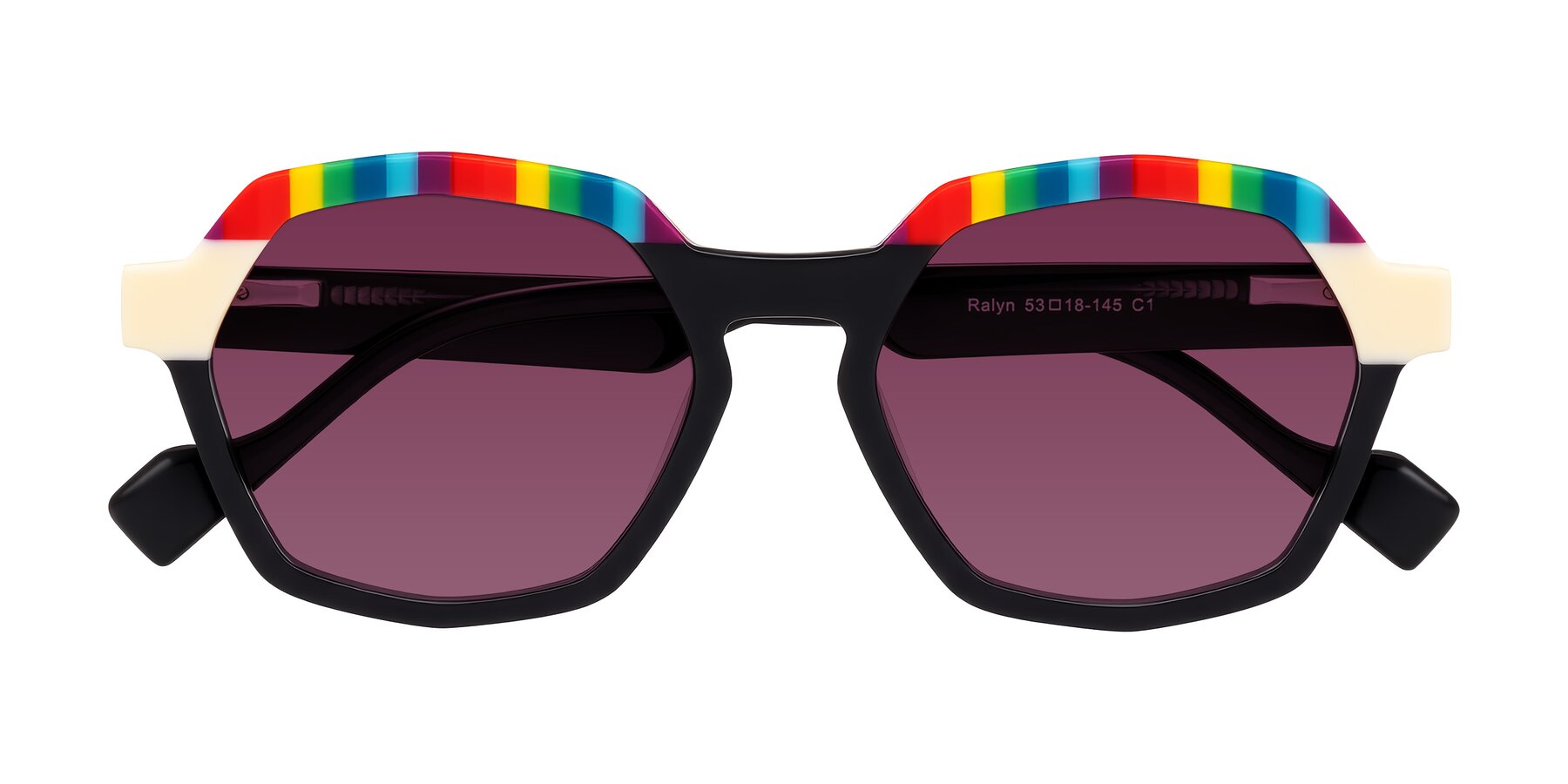 Folded Front of Ralyn in Rainbow Noir with Wine Tinted Lenses