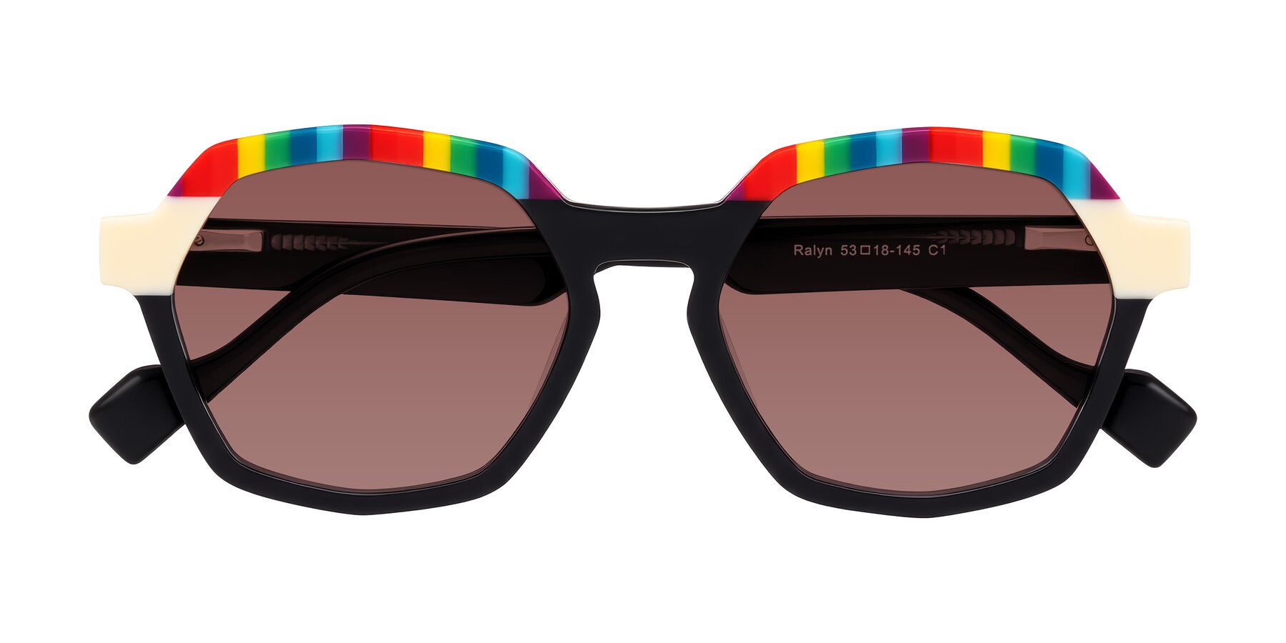 Folded Front of Ralyn in Rainbow Noir with Garnet Tinted Lenses