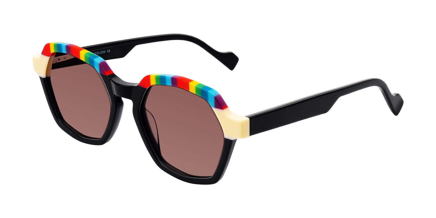Angle of Ralyn in Rainbow Noir with Garnet Tinted Lenses