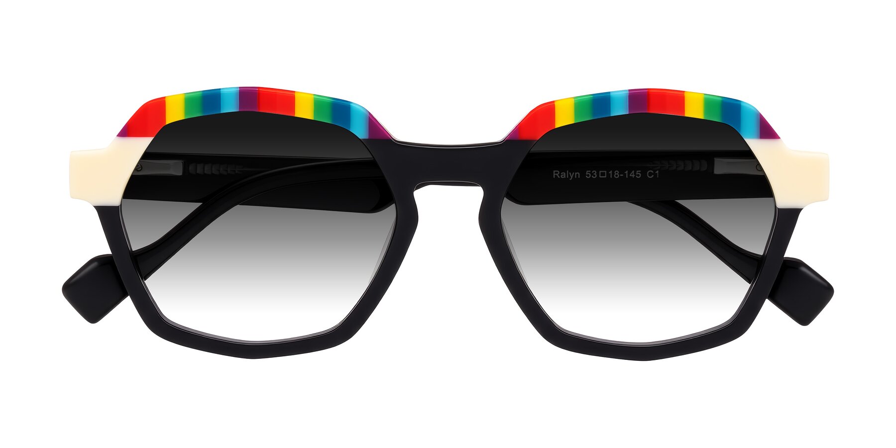Folded Front of Ralyn in Rainbow Noir with Gray Gradient Lenses