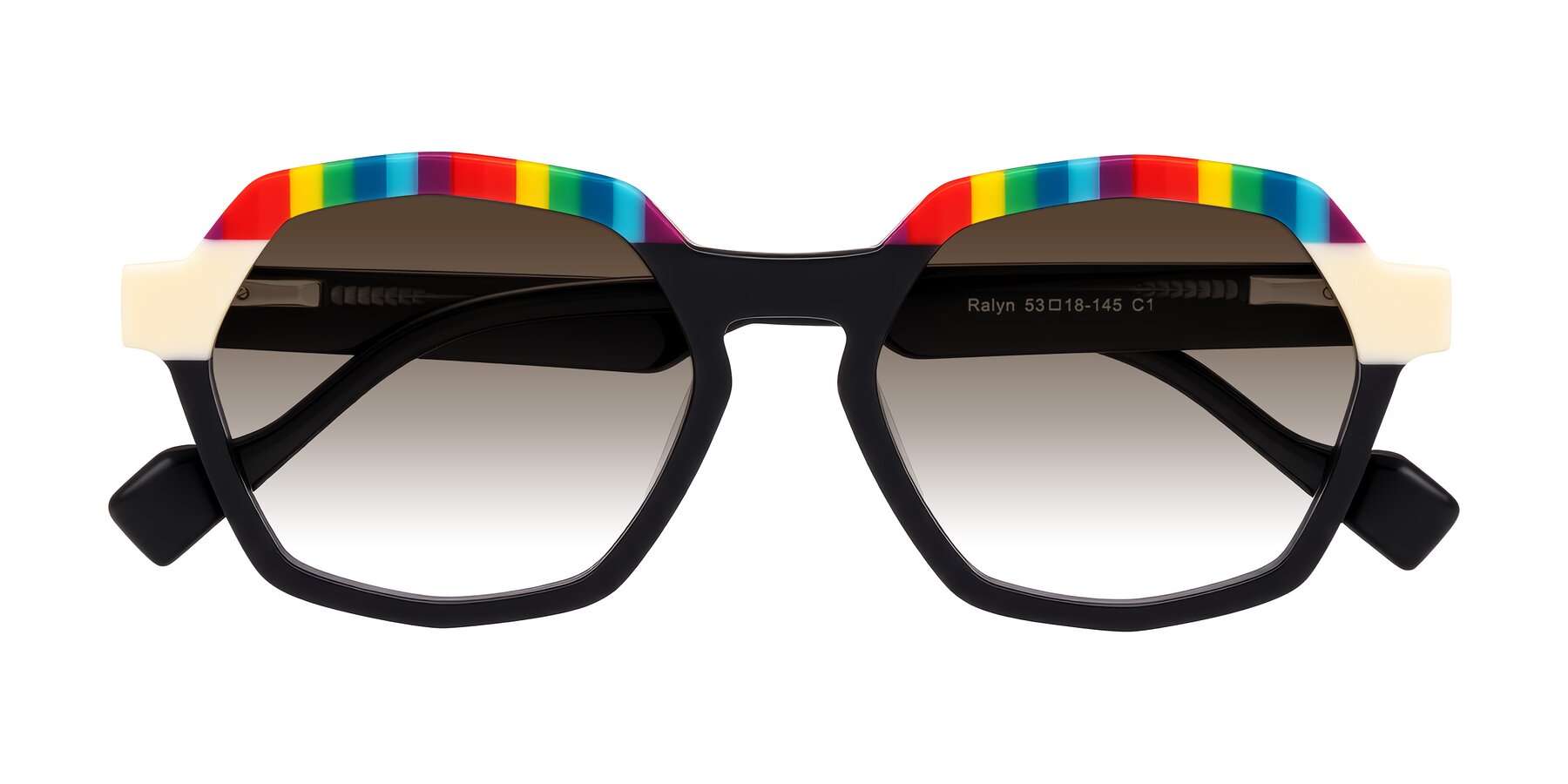 Folded Front of Ralyn in Rainbow Noir with Brown Gradient Lenses