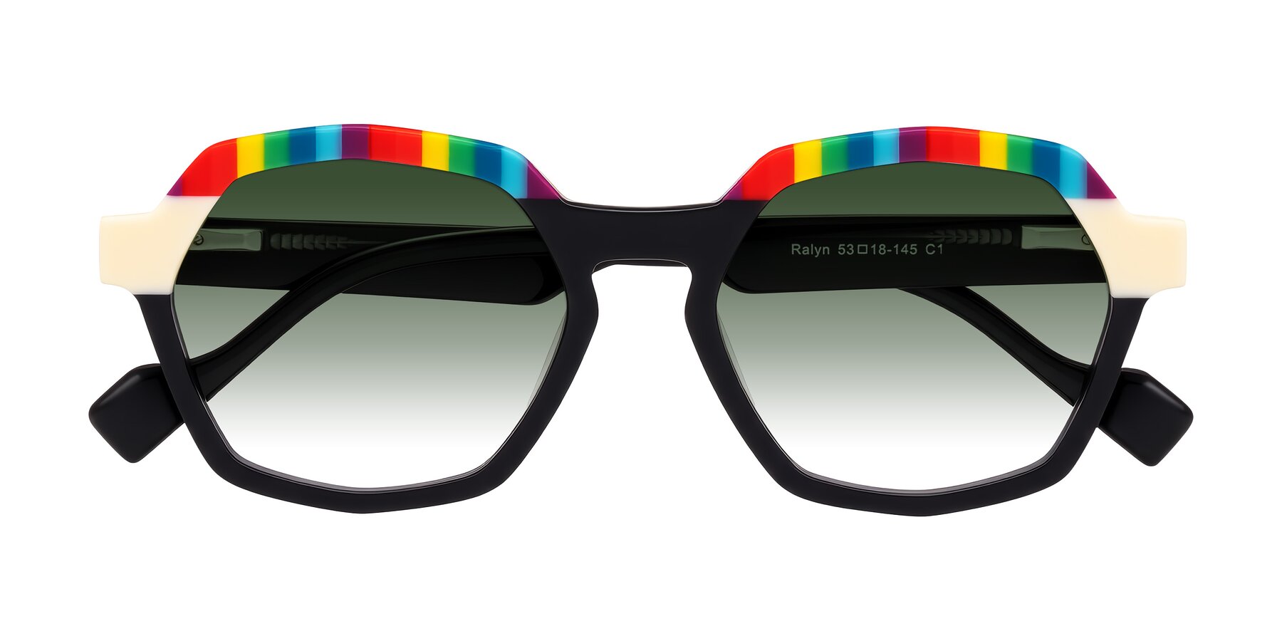 Folded Front of Ralyn in Rainbow Noir with Green Gradient Lenses