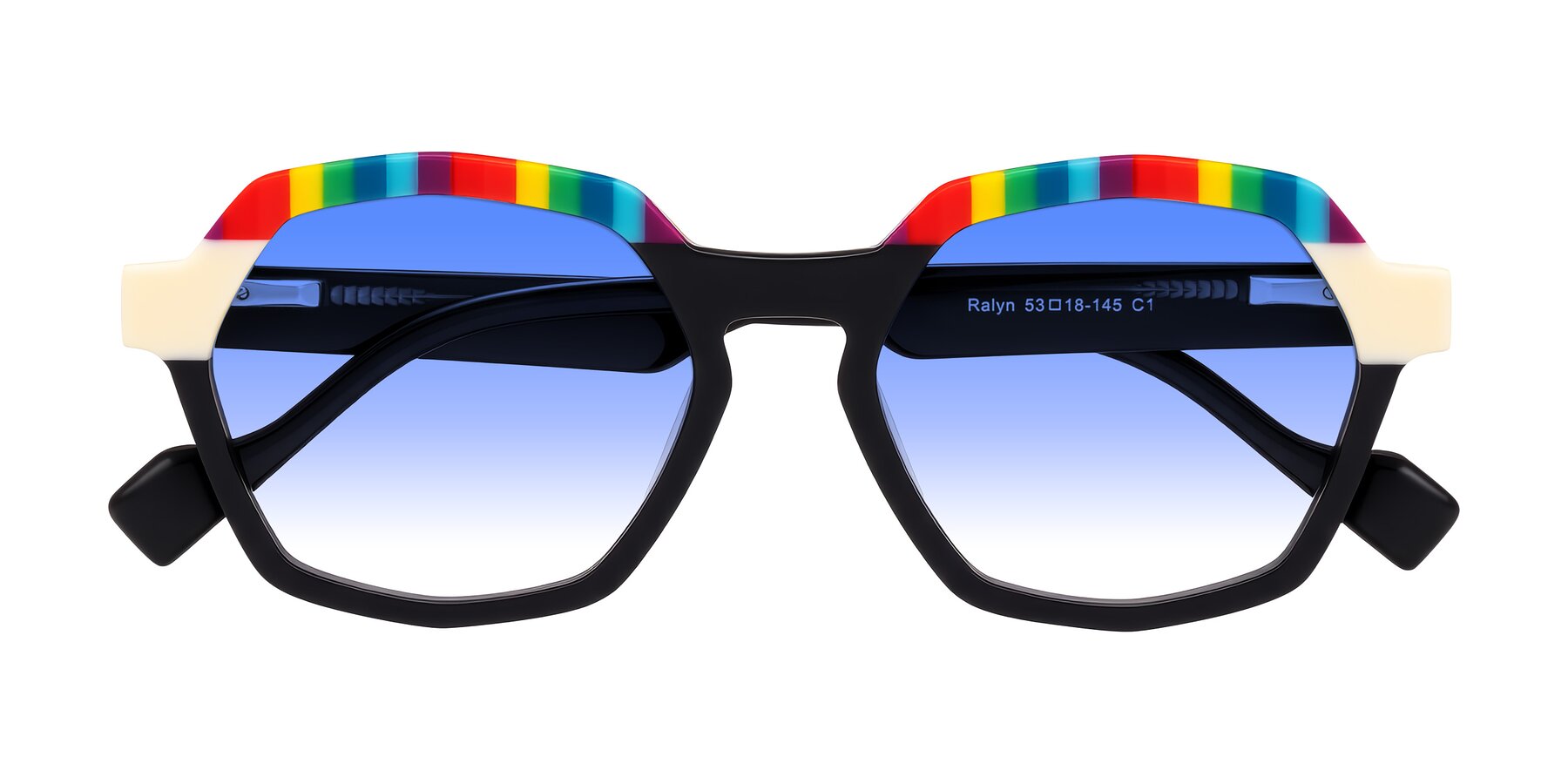 Folded Front of Ralyn in Rainbow Noir with Blue Gradient Lenses