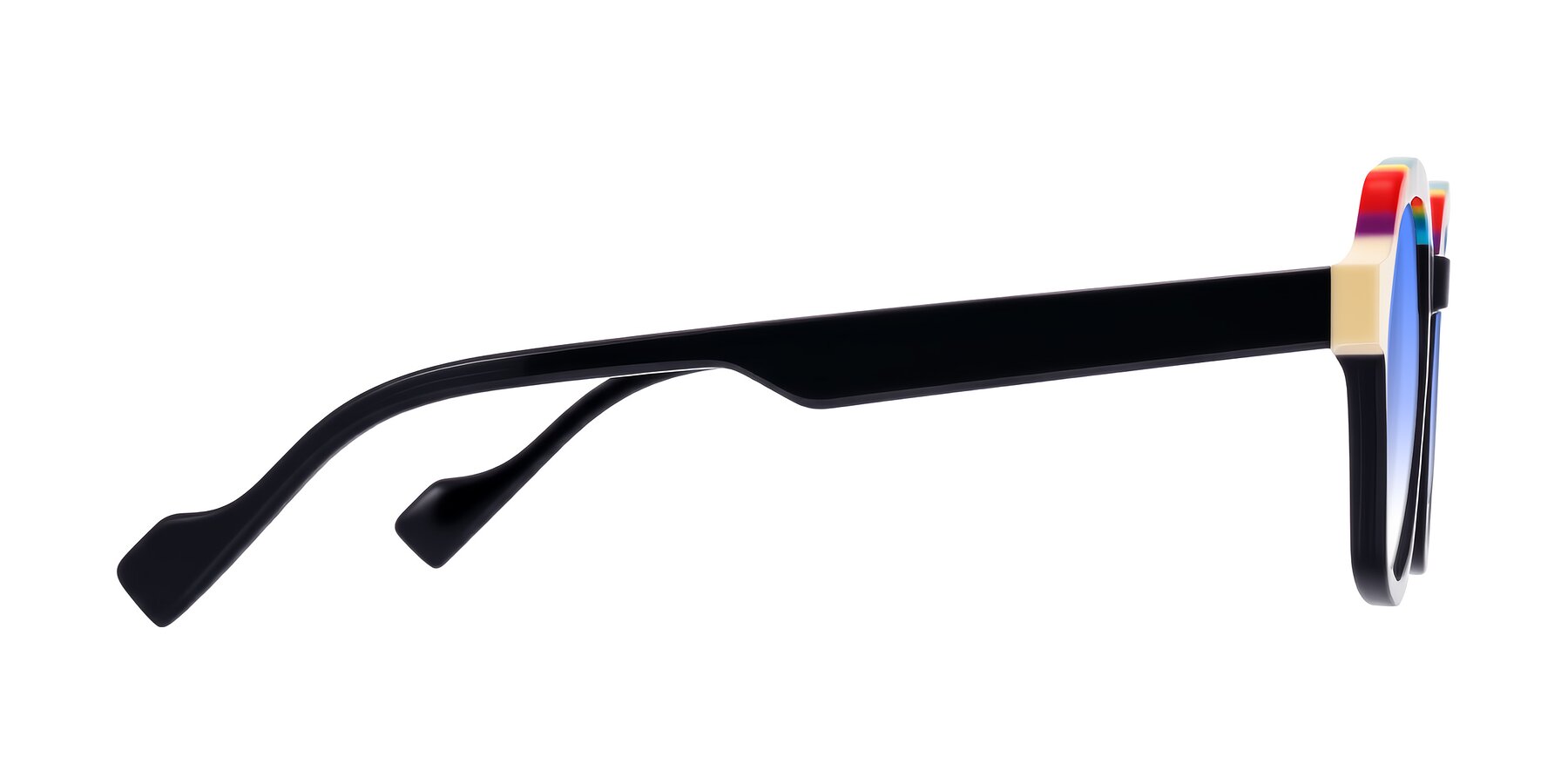 Side of Ralyn in Rainbow Noir with Blue Gradient Lenses