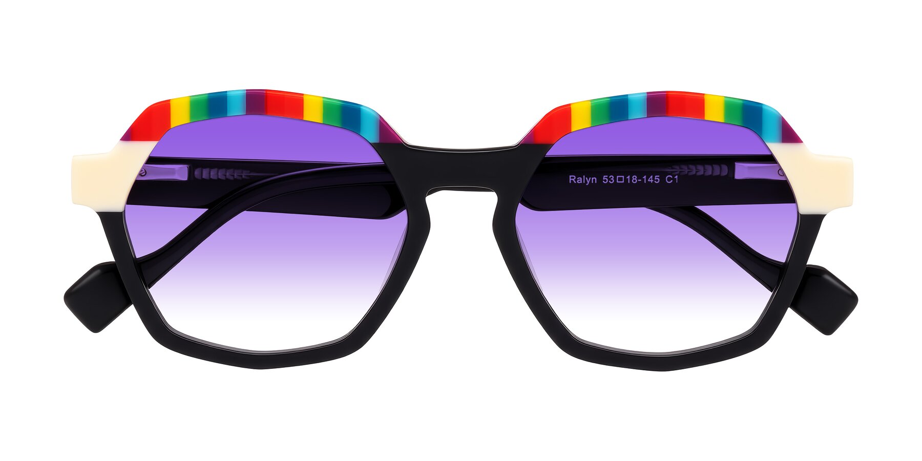 Folded Front of Ralyn in Rainbow Noir with Purple Gradient Lenses