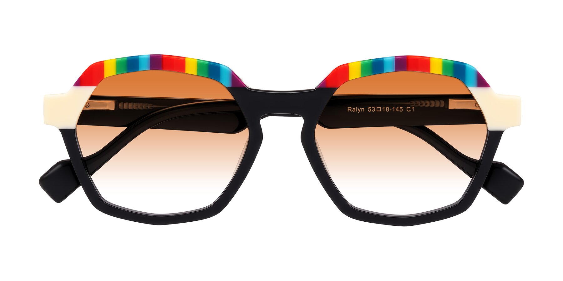 Folded Front of Ralyn in Rainbow Noir with Orange Gradient Lenses