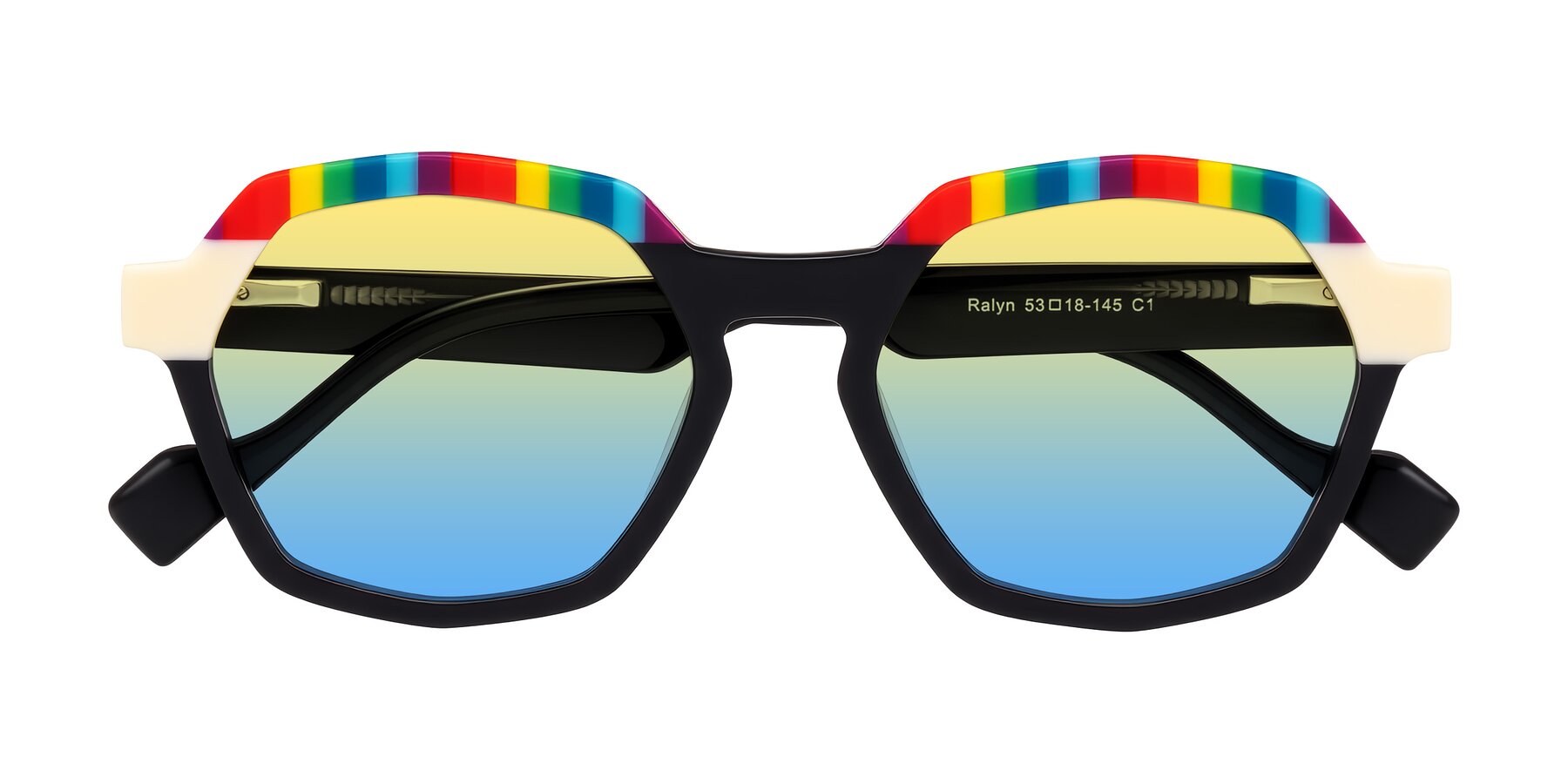 Folded Front of Ralyn in Rainbow Noir with Yellow / Blue Gradient Lenses