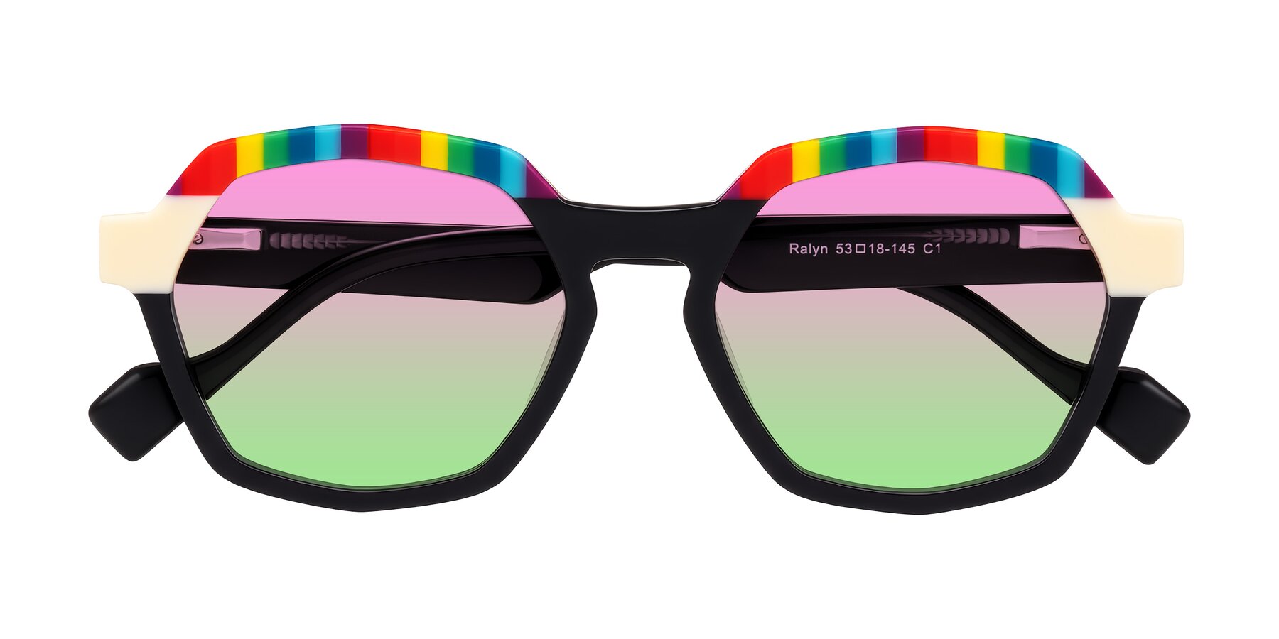 Folded Front of Ralyn in Rainbow Noir with Pink / Green Gradient Lenses