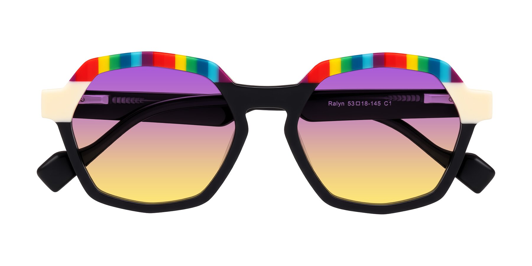 Folded Front of Ralyn in Rainbow Noir with Purple / Yellow Gradient Lenses