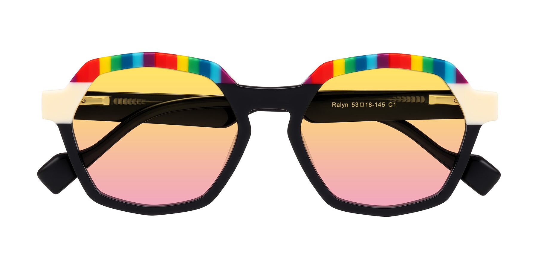 Folded Front of Ralyn in Rainbow Noir with Yellow / Pink Gradient Lenses