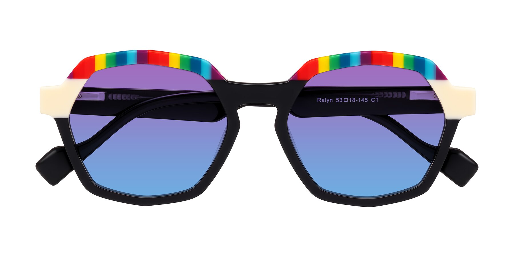 Folded Front of Ralyn in Rainbow Noir with Purple / Blue Gradient Lenses