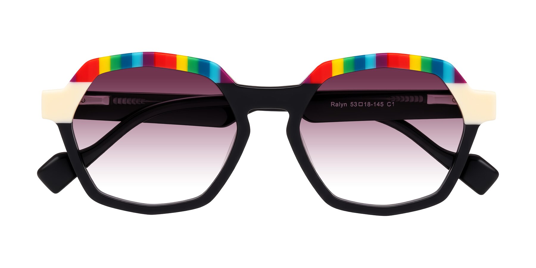 Folded Front of Ralyn in Rainbow Noir with Wine Gradient Lenses