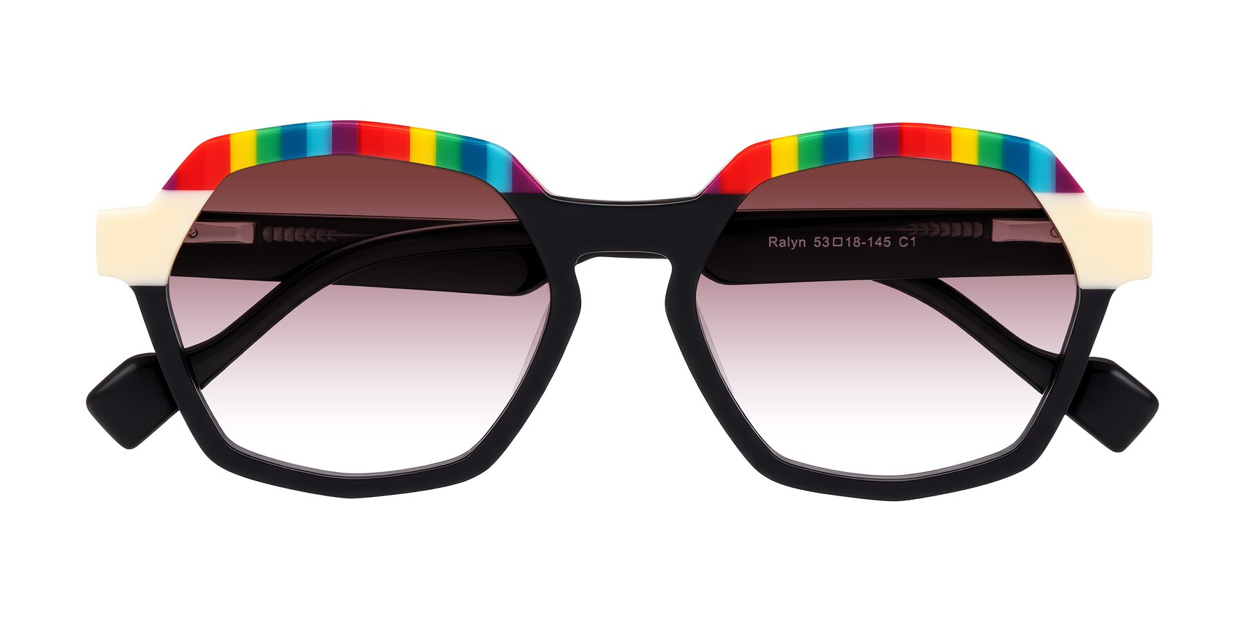 Folded Front of Ralyn in Rainbow Noir with Garnet Gradient Lenses