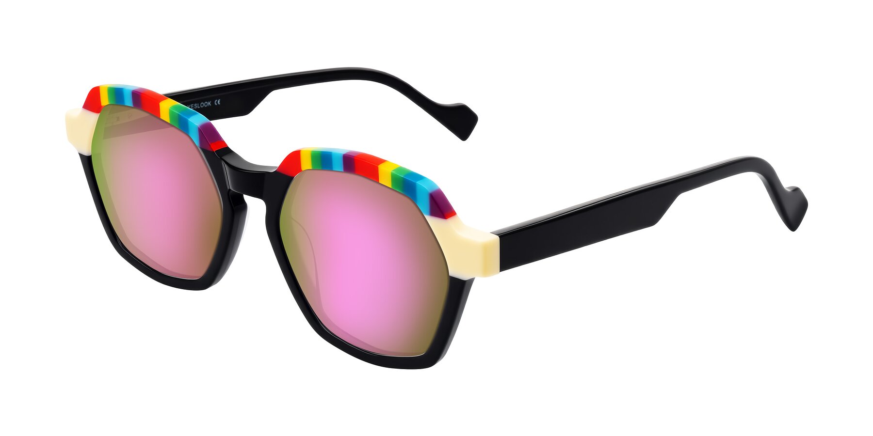 Angle of Ralyn in Rainbow Noir with Pink Mirrored Lenses
