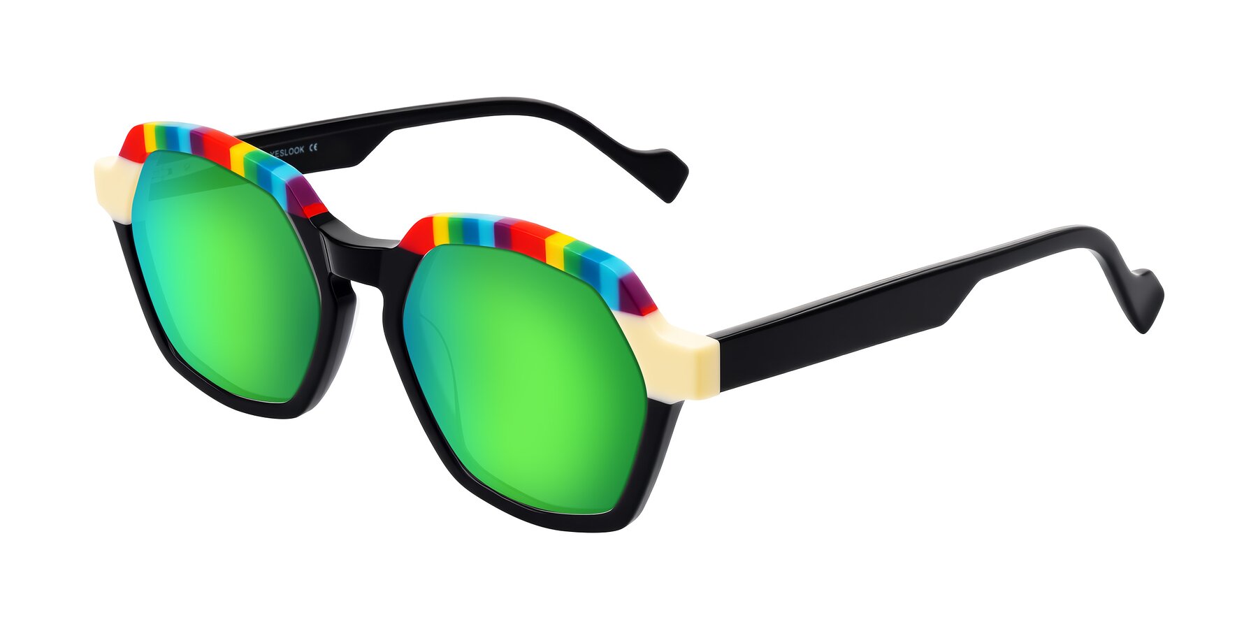 Angle of Ralyn in Rainbow Noir with Green Mirrored Lenses