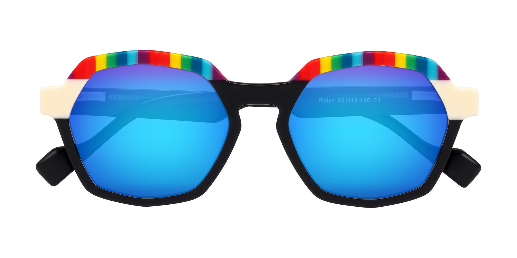 Folded Front of Ralyn in Rainbow Noir with Blue Mirrored Lenses