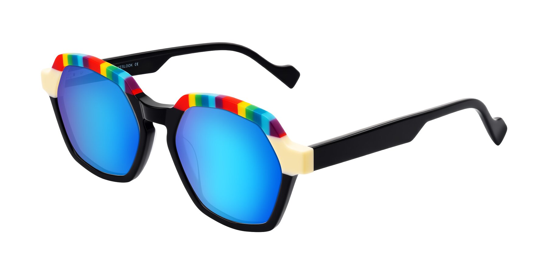 Angle of Ralyn in Rainbow Noir with Blue Mirrored Lenses