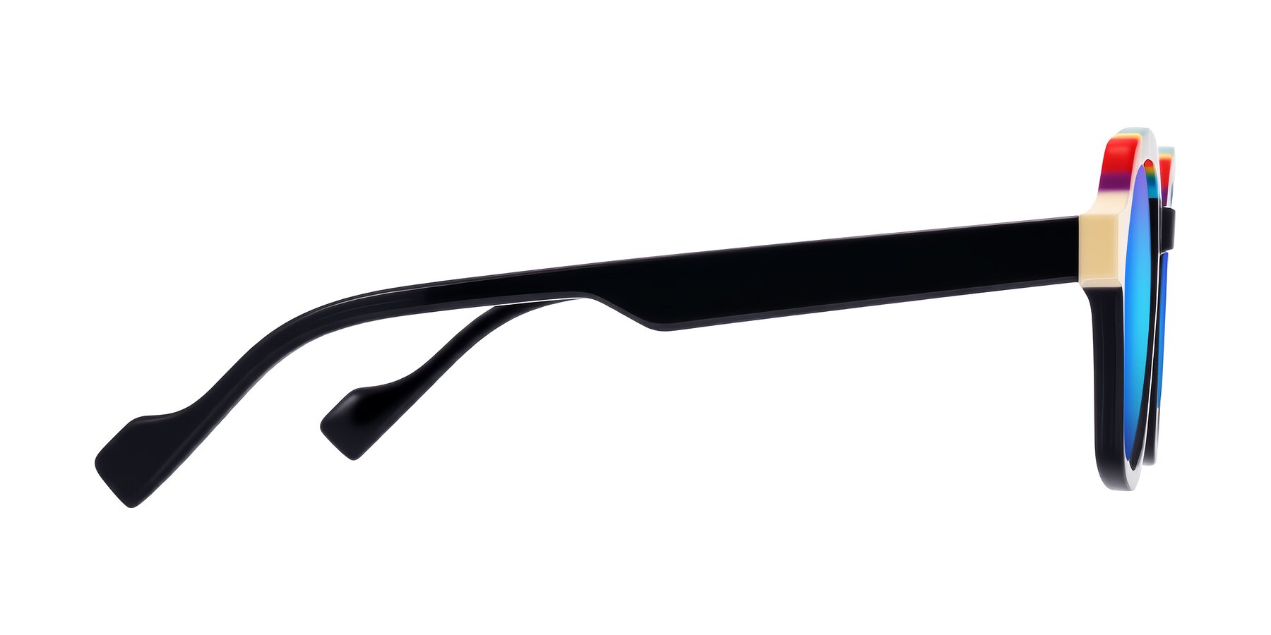 Side of Ralyn in Rainbow Noir with Blue Mirrored Lenses