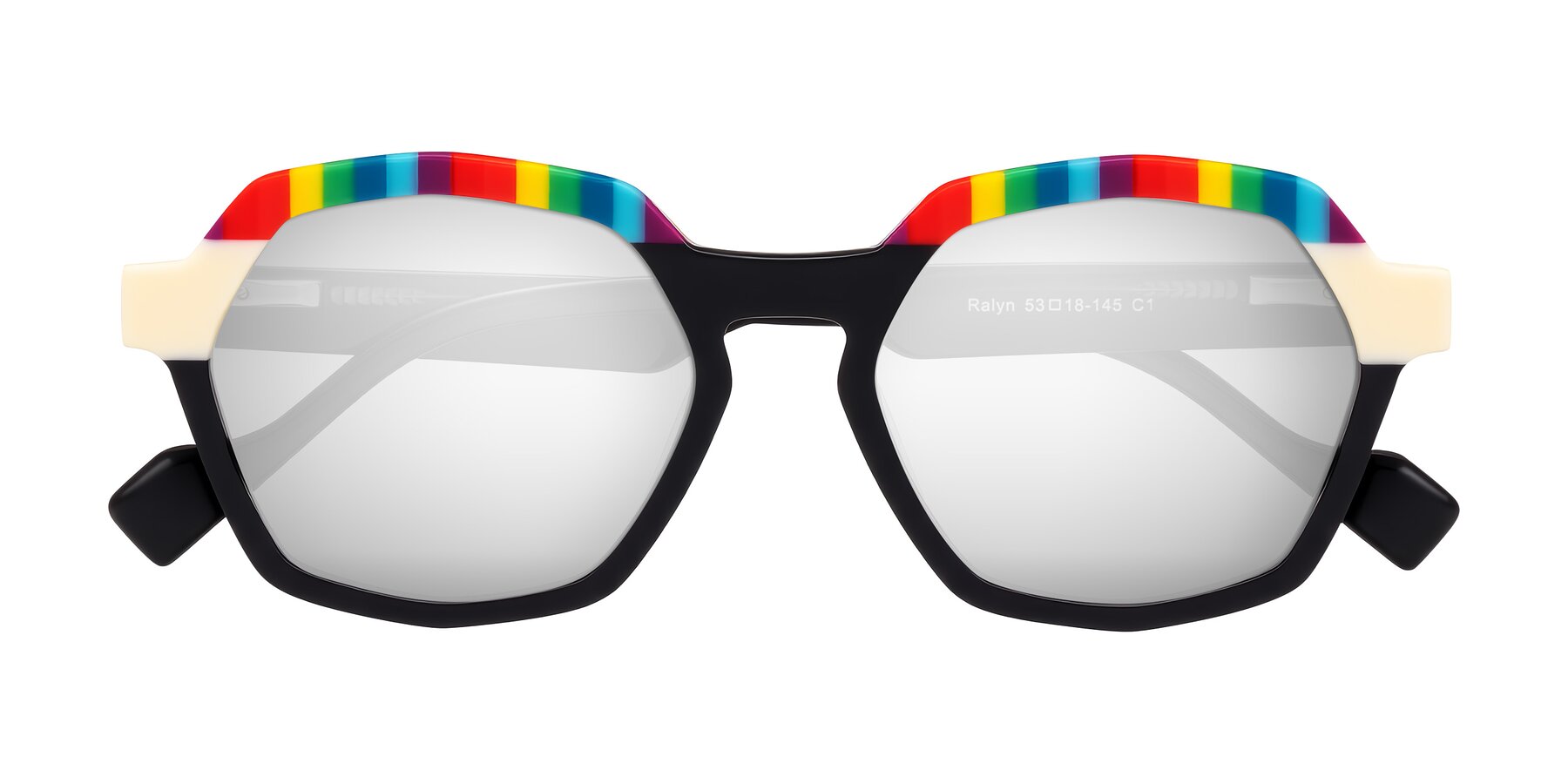 Folded Front of Ralyn in Rainbow Noir with Silver Mirrored Lenses