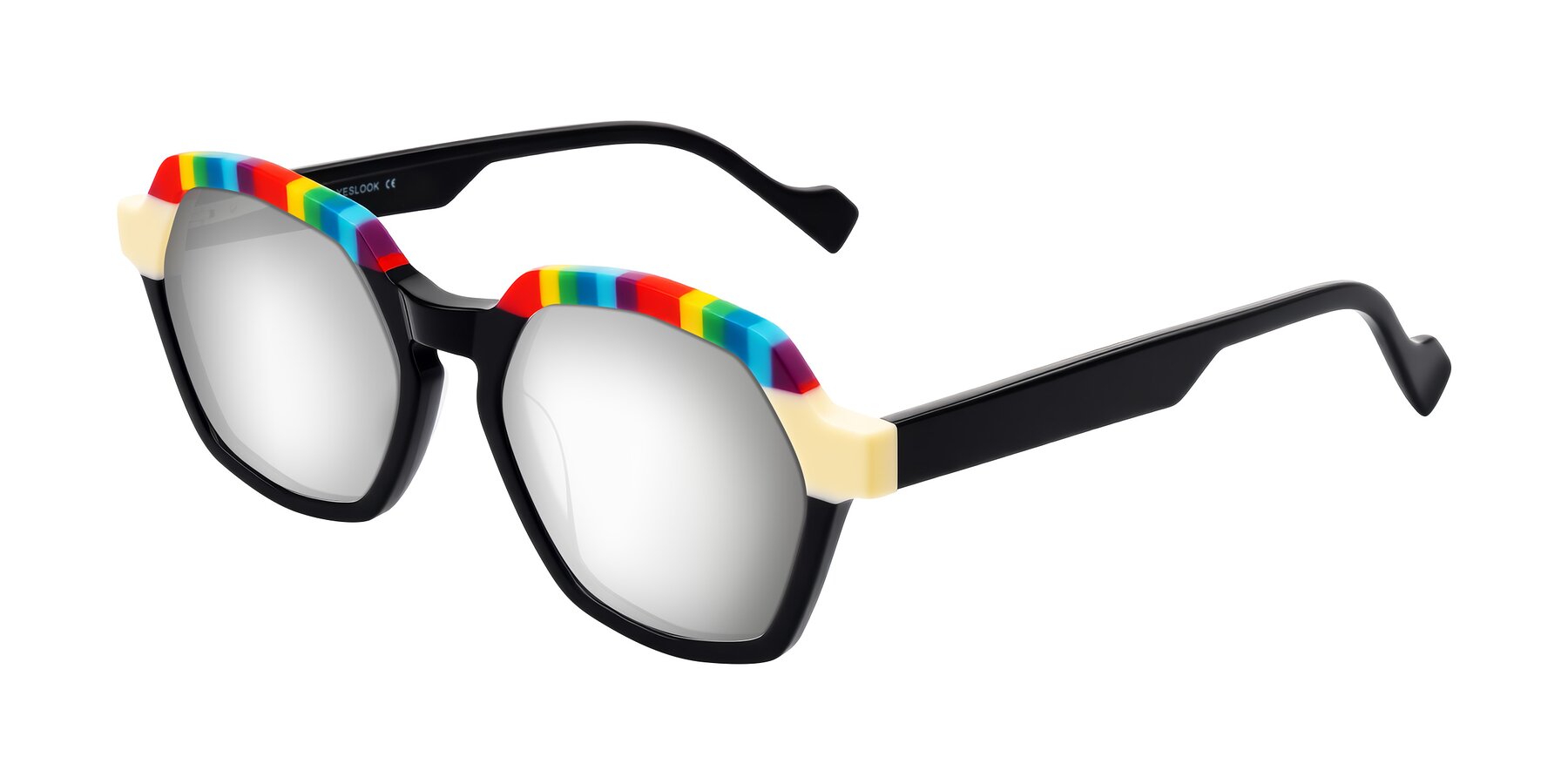 Angle of Ralyn in Rainbow Noir with Silver Mirrored Lenses