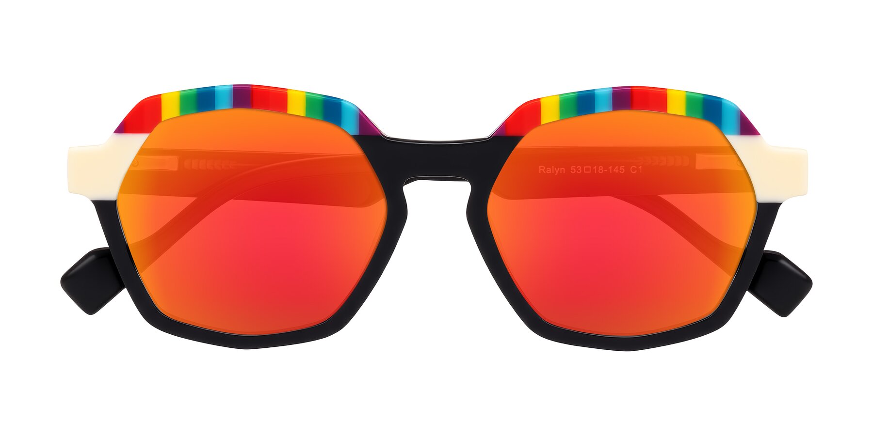 Folded Front of Ralyn in Rainbow Noir with Red Gold Mirrored Lenses