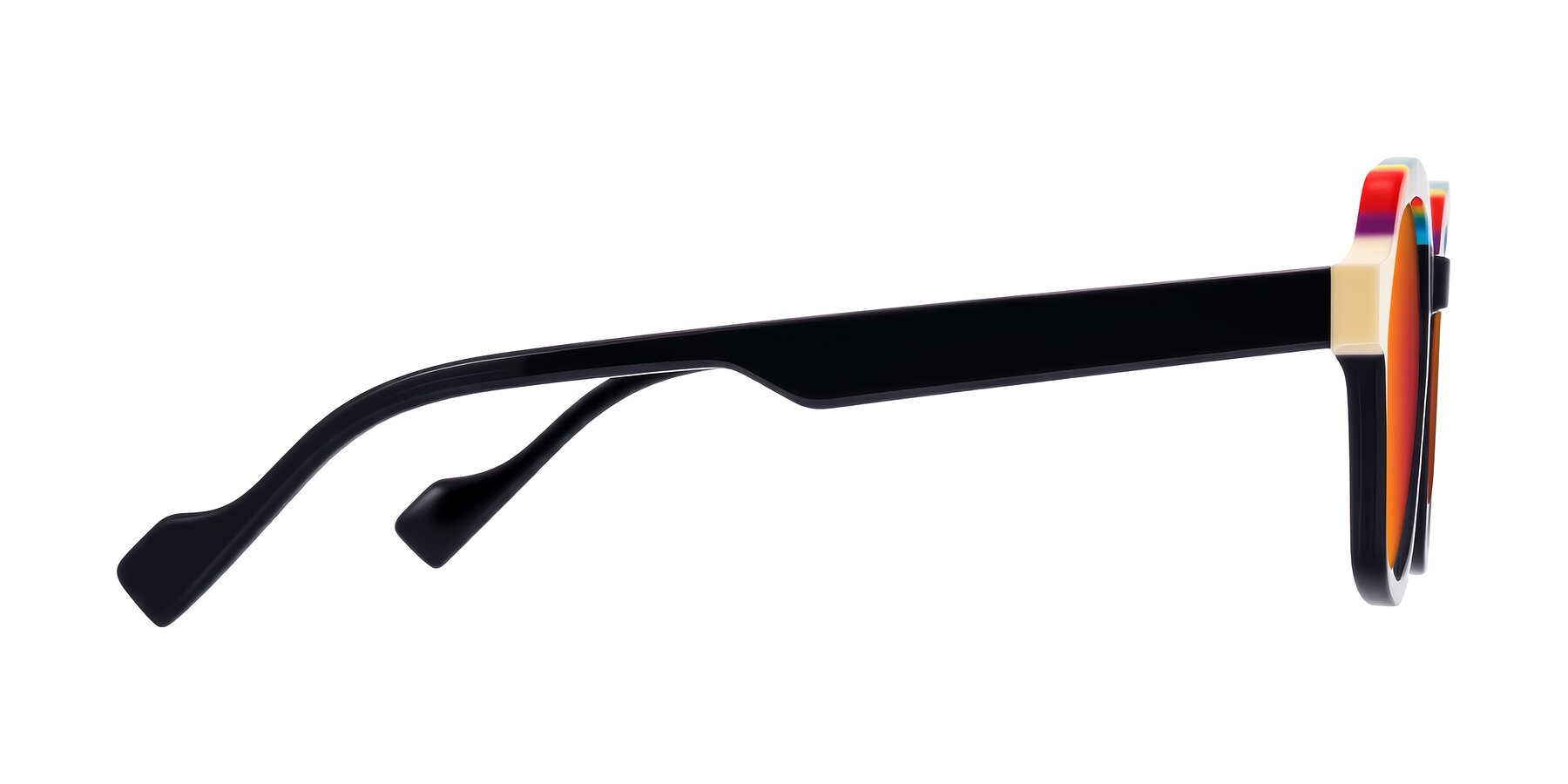 Side of Ralyn in Rainbow Noir with Red Gold Mirrored Lenses