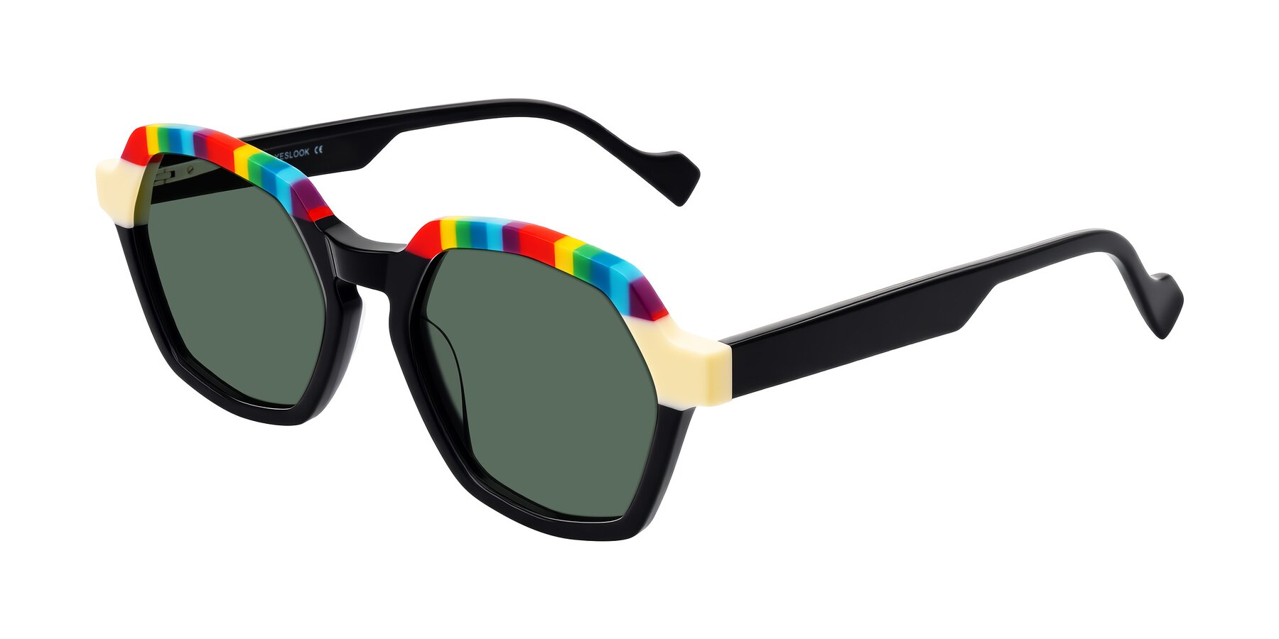 Angle of Ralyn in Rainbow Noir with Green Polarized Lenses