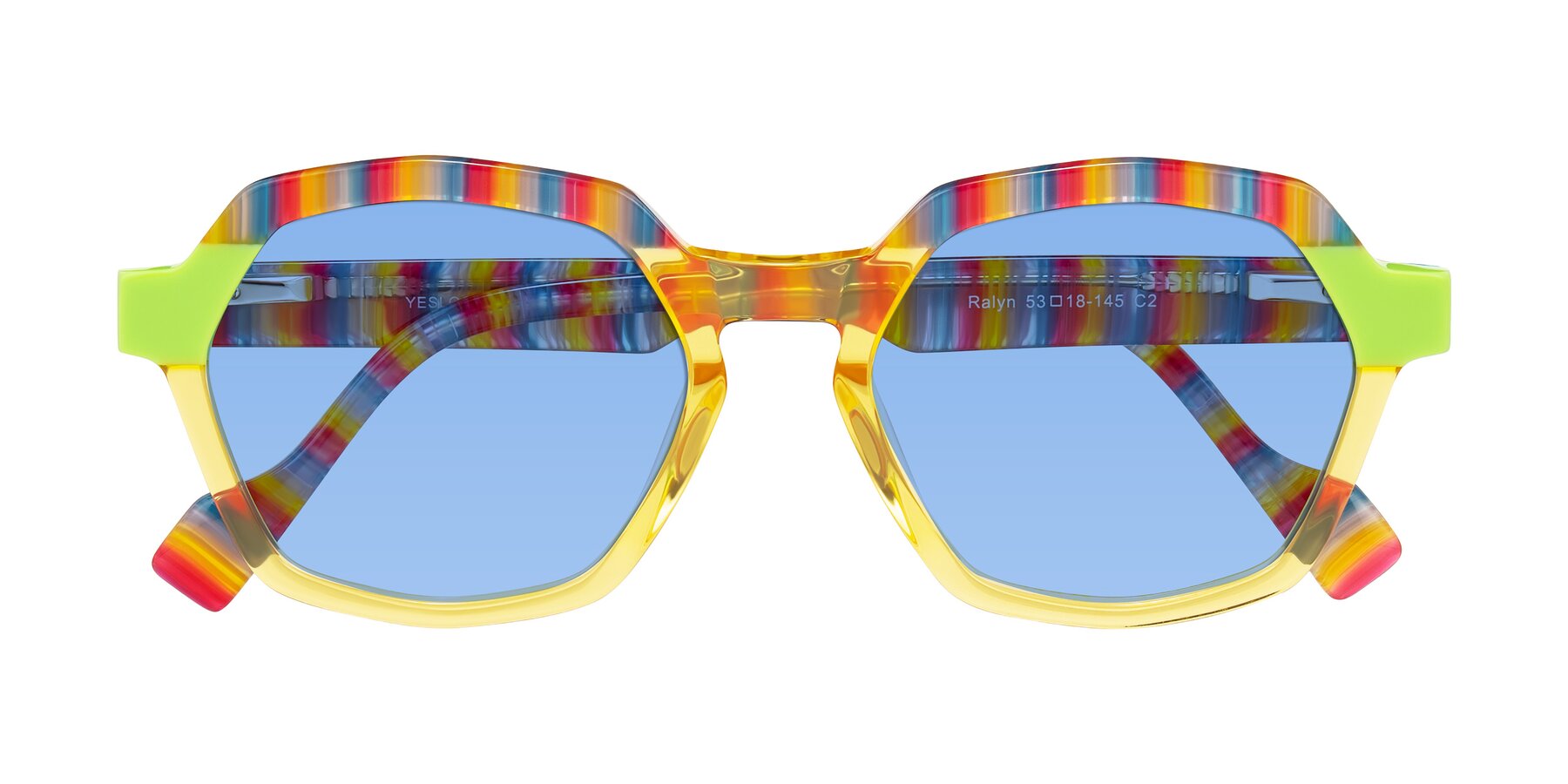 Folded Front of Ralyn in Citrine Pop with Medium Blue Tinted Lenses
