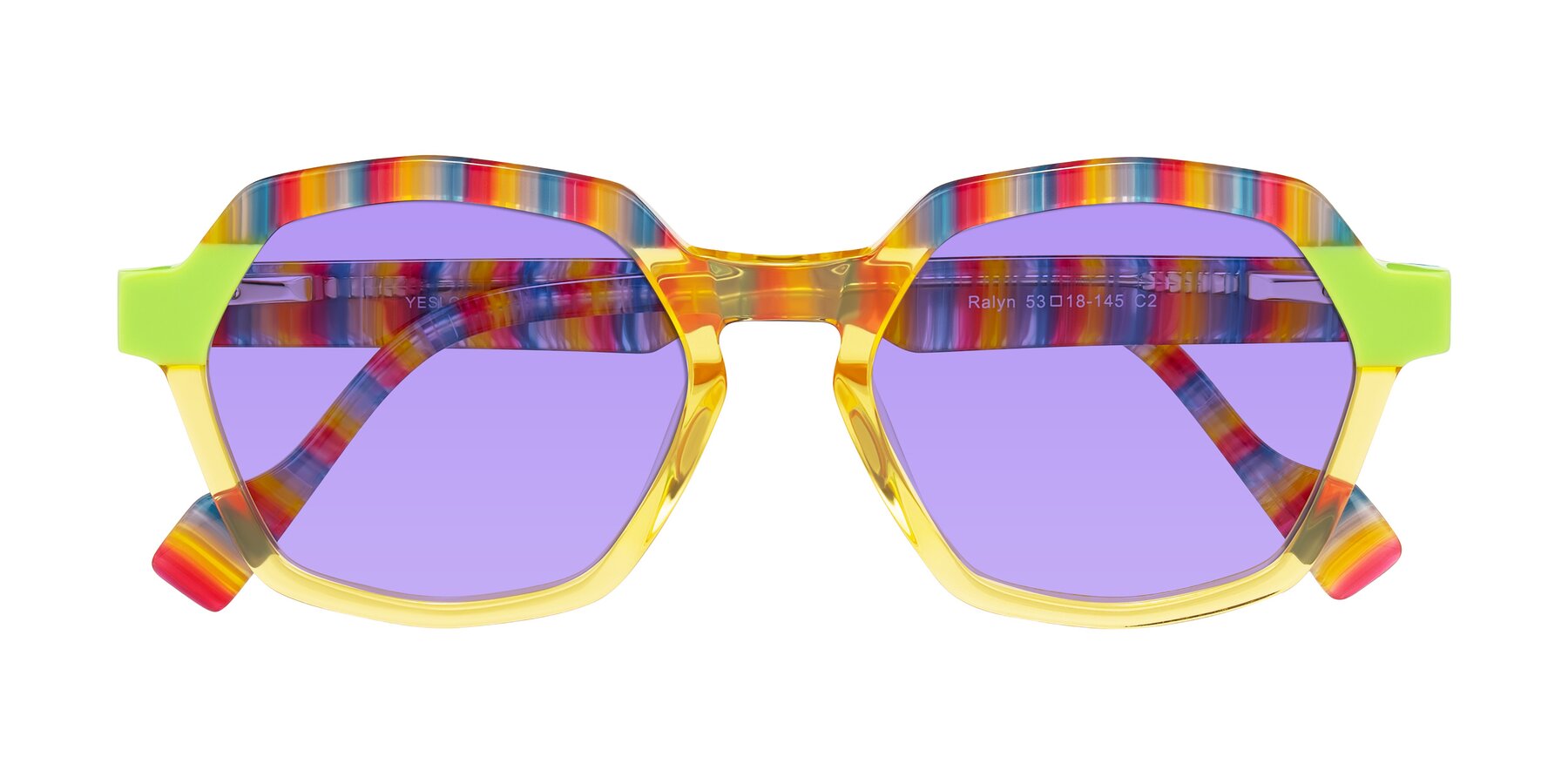 Folded Front of Ralyn in Citrine Pop with Medium Purple Tinted Lenses