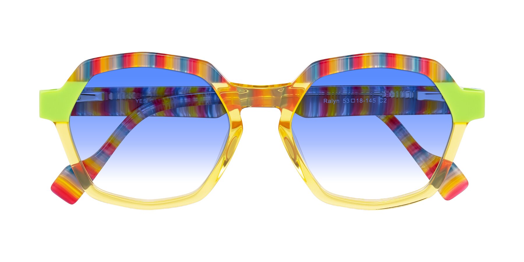Folded Front of Ralyn in Citrine Pop with Blue Gradient Lenses
