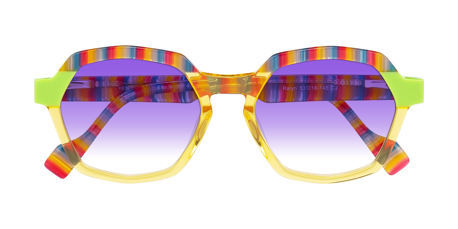 Folded Front of Ralyn in Citrine Pop with Purple Gradient Lenses